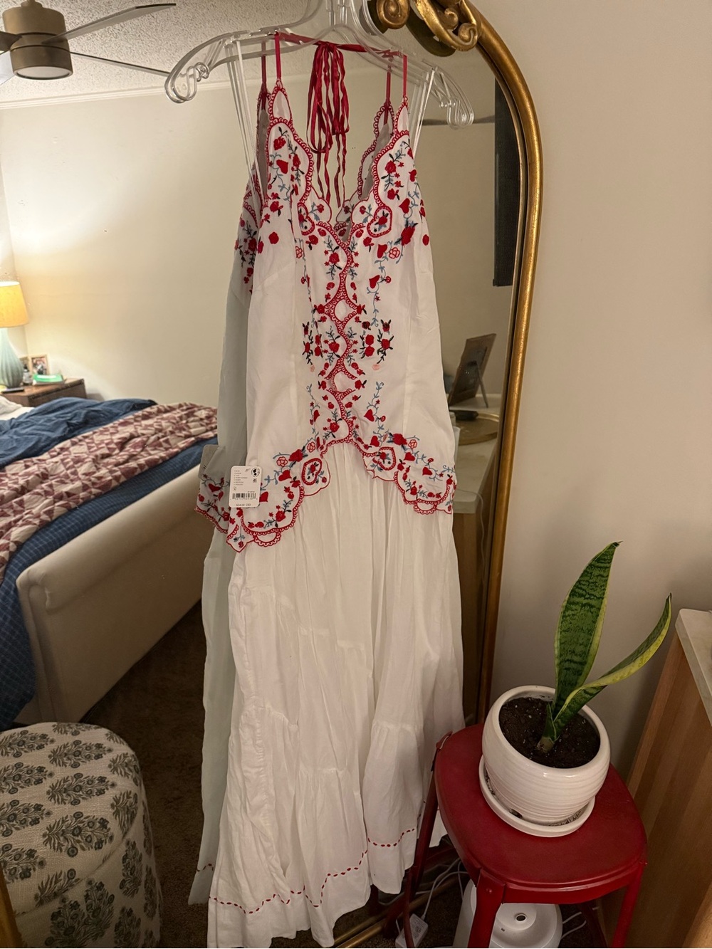 Free People White Midi Dress with Red Embroidery - Picture 4 of 7
